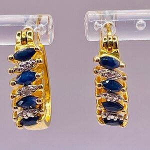 Gold Tone Hoop Earrings with Blue Sapphire and Clear Marquise Stones